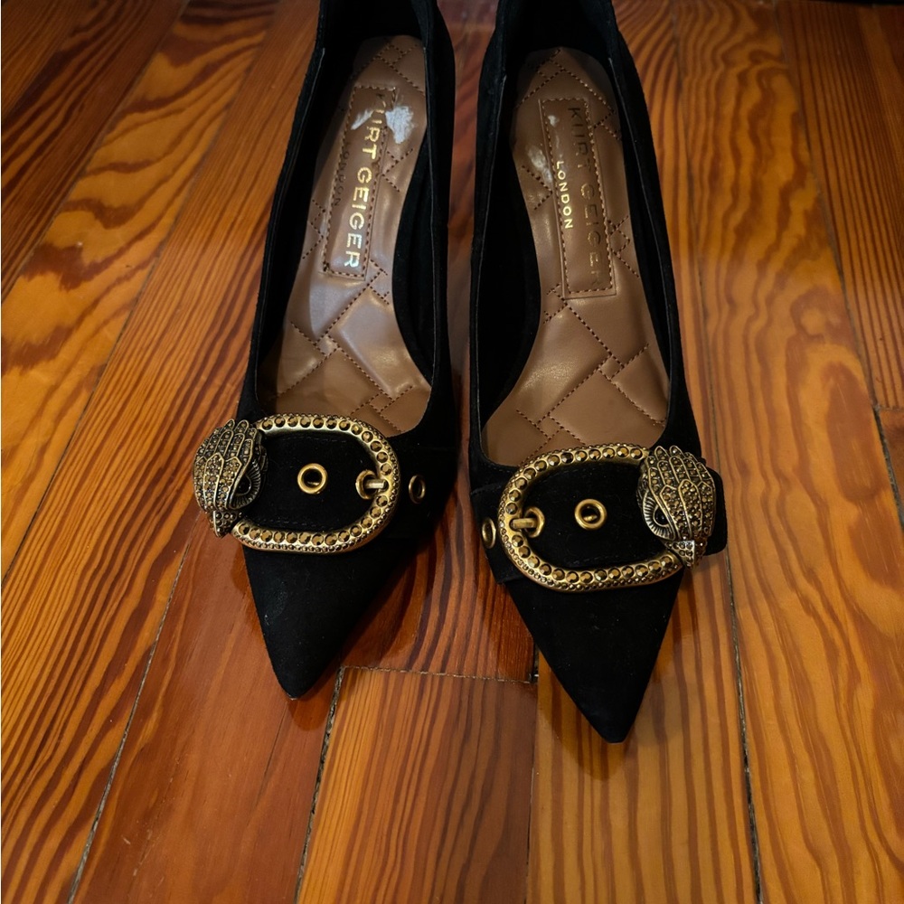 Kurt Geiger Black velvet Heels with Gold Buckle Detail